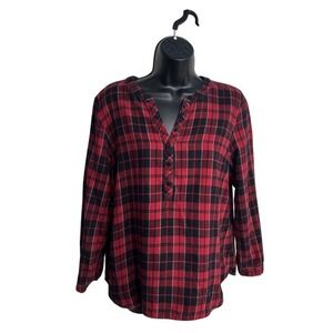 Talbots Women Medium Petite Plaid Half Button Red Shirt Casual Momcore Retro 90s